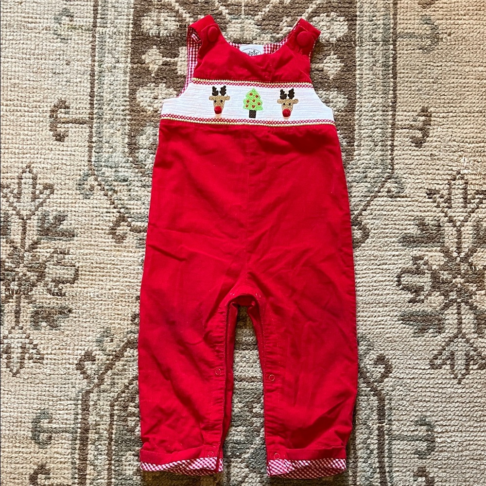 Mud Pie Smocked Reindeer Red Corduroy Long Jon Jon - size 12-18 months